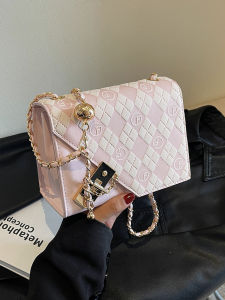 Fashionable Pink Plaid Small Square Bag Womens Crossbody Chain Bag Spring New Style Versatile Korean Style Lock Buckle Closure