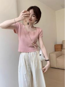 สไตล์เกาหลี Ice ผ้าไหม เสื้อยืดแขนสั้นถักทรงสี่เหลี่ยม ปกเสื้อ ผู้หญิง ฤดูร้อน นุ่ม หลากหลาย สีชมพูเล็ก บิดเกลียว ด้าย เสื้อท่อนบน