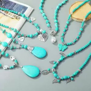 Vòng Cổ Đính Hạt Màu Ngọc Lam Tự Nhiên Dành Cho Nữ Mặt Dây Chuyền Hình Giọt Nước Đôi Thanh Lịch Bohemia Trang Sức Hợp Kim Kẽm Khóa Tôm Hùm