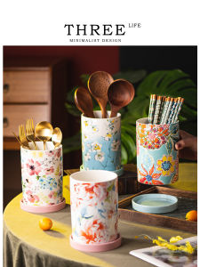 Tlife Season Ceramic Drain Tube Floral Kitchen Storage Box for Chopsticks Drainage Home Use Vintage Pattern Kitchen Organizer