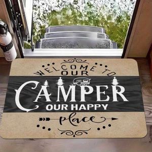 VIKAMA Coir Welcome Camper Happy Place RV Camping Art Flannel Door Mat Non Slip Entryway Bedroom Living Room Home Decor Modern
