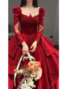 ชุดแต่งงาน ชุดราตรี ชุดยาว แขนยาว ผ้าซาติน ชุดเจ้าสาว ชุดราตรี ชุดยาว ฤดูใบไม้ร่วง/ฤดูหนาว ชุดแต่งงานสีแดง