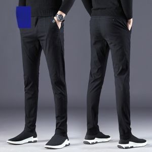 ROMON | Romon Mens Slim Fit Cotton Trousers Business Casual Elastic Waist Black Pure Color Autumn Fashion Urban Style Long Pants