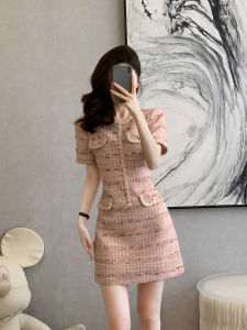 French Vintage Short Sleeve Pink Dress Womens Summer New High Waist A-Line Skirt Coarse Tweed Waist Inward Pulling Dress