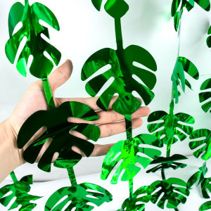 Tropical Luau Green Palm Leaves Foil Fringe Curtains & Jungle Leaf Tinsel Backdrop