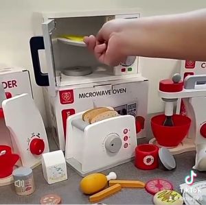 Wooden Kitchen set pretend toy WHITE TOASTER / WHITE COFFEE MAKER / WHITE MIXER (BLENDER)/WHITE OVEN (MICROWARE) COMPLETE SET