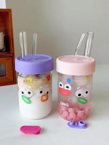Cốc thuỷ tinh cỡ lớn chịu nhiệt 600ml có nắp và ống hút hình dễ thương đáng yêu ly cafe trà sữa . LD2-LyTT600ml