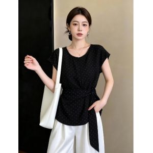 AIYITI | Attractive Blue Round Neck Short Sleeve Womens Summer New Fashion Plus Size Waist-cinching Bow-up Top