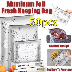 50pcs Reusable Aluminum Foil Food Storage Bags with Zipper Refrigerator Zip Pouch Self-Sealing Fresh Keeping Bag for Fruits & Vegetables Milk Meats Food Vacuum Packaging Aluminum foil antibacterial food storage bags