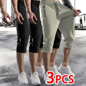 Set of 3 - MenS Casual Outdoor Sports Capri Pants Made from High-Elastic Knitted Fabric Solid Color Straight-Leg Design Fea