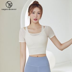 SUPERFLOWER New Womens Comfortable Yoga Top with Fixed Padded Mesh and Breathable Fabric 2 in 1 Style Fitness Shirt