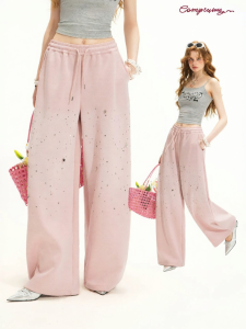Unifree | High Waisted Loose Straight Pink Glitter Sporty Pants