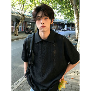 Black Knitted Short Sleeved Design Sense Mesh Breathable Polo Shirt