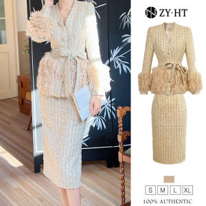 ZYHT EraVogue 2-Piece Set with Coat + Fishtail Skirt Women's Dresses: Cream Work Dresses, Hiso Dresses Wedding Dresses