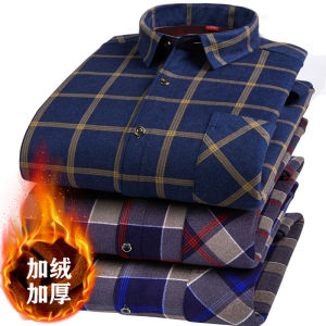 Paul Mens Fleece Lined Thick Warm Casual Shirt Standard Fit Plaid Print Anti-Cold Dad Style Long Sleeve Polyester Fiber Autumn Wear
