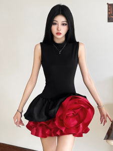 Kliou Designer Color Block 3D Flower Sleeveless Womens Dress Slimming High Waist Puffy Skirt Polyester Spandex Short Dress