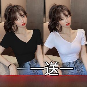 Pure Color Short Sleeve T-Shirt Womens V-Neck Black White Summer New Style Loose Casual Short Length Female Top