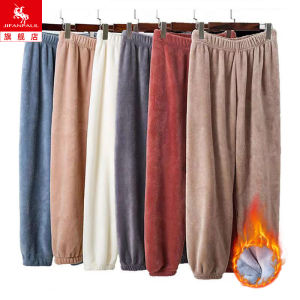 กางเกงลำลองผ้าขนแกะสีแดง ทรงหลวม ทรงหลวม สำหรับผู้หญิง กางเกงนอนฤดูหนาว กางเกงขายาว ทรงหลวม สำหรับใส่ในบ้าน