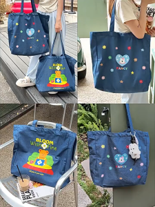 NIkyLundun กระเป๋าผ้ายีนส์กระเป๋าสะพายกระเป๋าหญิงออกไปข้างนอกถนนเดิมพิมพ์ผ้ายีนส์พิมพ์ลายผ้าใบกระเป๋าเป้สะพายหลังแบบพกพา