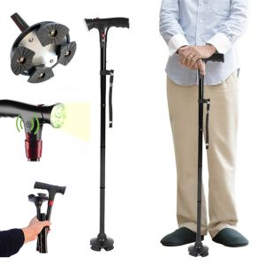 Multifunctional Folding Cane Portable Smart Four-base LED Light Alarm Function Lighting Anti-slip Cane for The Elderly Hiking