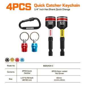 Geinxurn Round-Hole Keyring Set with 2.56Inch Nut Driver Bit 1/4" Hex Quick Lock Portable Tool Organizer