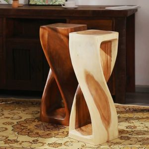 เก้าอี้สตูลบิดไม้เนื้อแข็ง เก้าอี้สตูลในห้องนั่งเล่น  เก้าอี้แกะไม้จริง เก้าอี้ทรงบิด ใช้วางของตกแต่ง หรือวางแจกันดอกไม้