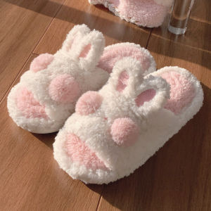 รองเท้าแตะผ้าฝ้ายลายกระต่ายน่ารัก ทรงส้นเดี่ยว สำหรับผู้หญิงในบ้าน ฤดูใบไม้ร่วง/ฤดูหนาว กันลื่น อบอุ่น รองเท้าแตะนุ่ม สุดน่ารัก