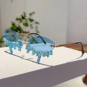 KAMMPT Rimless Tear Shaped Sunglasses with Rhinestones Women Fashion Decorative Shades Trendy Stylish Design Rave Sun Glasses
