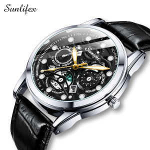 SUNLIFEX Jam Tangan Pria Kalender Tali Kulit Dial Berongga Anti Air Santai Mode Jam Tangan Cowok Free Box