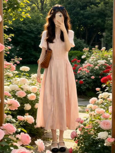 LIRUSHAN | French Style Pink Short Sleeve Slimming Dress