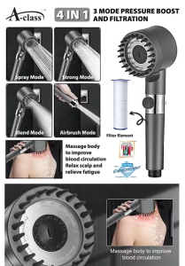 A-Class 4-in-1 High Pressure Handheld Shower Head | 3 Spray Modes Rain Massage Kepala Pancuran Tangan 增壓 花灑 With Filter