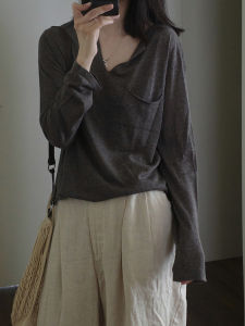 Lightweight V-Neck Ice Silk Sunshade Cover up T-Shirt Womens Summer Loose Fit Air Conditioning Knitwear Top Deep Grey