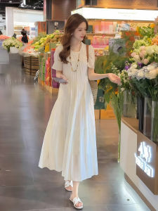 Elegant White Summer Dress Womens Loose Fit Simple Beautiful Long A-Line Skirt Korean Style Polyester Fiber Short Sleeve