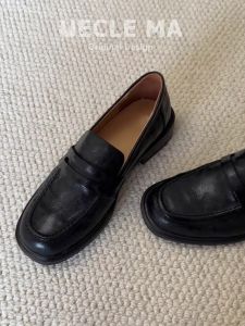 Genuine Leather Flat Bottom Loafers Womens Shoes British Style Black Commute Retro Single Shoes Versatile Slip-On Small Leather Shoes