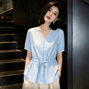 SHUAIYUE | Áo Blouse Cổ V Tay Ngắn Viền Ren Thắt Dây Giữa Eo