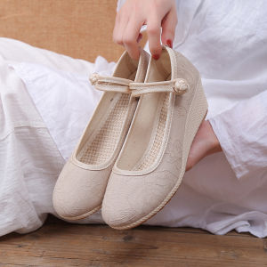Giày Vải Bắc Kinh Cổ Điển Cho Nữ Mùa Xuân Thu Đế Xuồng Cao Gót Bằng Cotton Lanh Phong Cách Dân Tộc Giày Hanfu