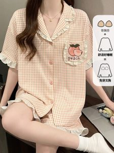 Summer Plaid Sleepwear Set Womens Short Sleeve Home Clothes with Chest Pad Outerwear Youth Thin Cotton Fabric Small Flip Collar