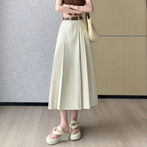Apricot High Waist Pleated A- line Denim Skirt Womens Spring/Summer 2024 New Arrival Retro Small Mid-Length Slit Skirt