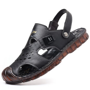 Gold Diamond Shark New Style Casual Leather Sandals Breathable Dad Slip-On Shoes Beach Shoes Comfortable Soft Sole Footwear