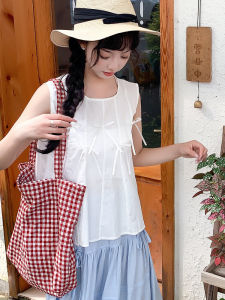 Sweet Forest System Butterfly Knot round Neck White Sleeveless Shirt Women Summer Age Reduction Beautiful Small Shirt