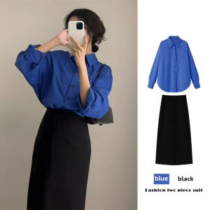 Klein Blue Womens Shirt Dress Set High Waist A-Line Skirt Long Sleeve Button Detail Commute Style Korean Fashion Autumn Wear