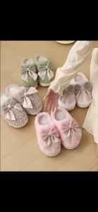 1 Pair Winter Warm Plush Womens Slippers Fashionable Cute Bow Tie Anti Slip Soft Flat Shoes Indoor Slippers