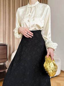 New Chinese Style Loose Fit Silk Satin Shirt Womens Spring Autumn Casual Versatile Top Button Detail Tassel Trim Embroidery