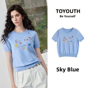 Toyouth | Colorful Letter Flower Embroidery Round Neck Fitting Slimming Sweater