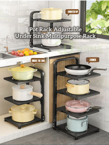 JD Home 🇲🇾 [Ready Stock] ❤ Rak Bawah Sinki Rak Letak Barang Dapur / 2-4 Tiers Pot Rack Adjustable Under Sink Pot and Pan Rack Stainless Steel Kitchen Pans & Pots Storage Shelf Multipurpose Organizer Racks For Kitchen Sink & Counter Cabinet