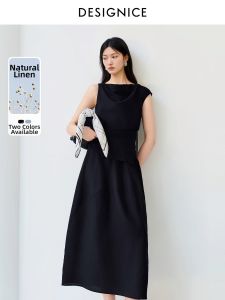 DESIGNICE | Linen Elegance V-Neck Sleeveless Summer Dress