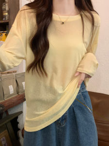 Áo Thun Dài Tay Mỏng Thoáng Khí Mùa Hè Cho Nữ Dáng Rộng Cổ Tròn Màu Vàng Tay Dài Thường Ngày Thoải Mái Giản Dị Giản Dị