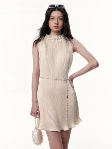 TAMMY TANGS | Sweet Apricot Fairy Gown Satin Surface Pearl Decorated Sleeveless Dress High Waist A-Line Silhouette For City Commute And Work