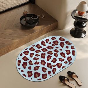VIKAMA Oval Leopard Print Bath Mat Retro Animal Pattern Non‑Slip Absorbent Floor Mat Bathroom Home Decor