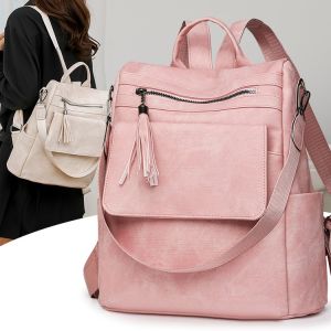 Retro Soft Leather Large Capacity Ladies Backpack Fashionable Student Commuter Bag Travel Pack Outdoors Youth PU Zipper Closure